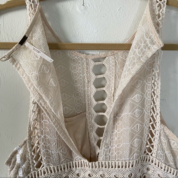 Free People Open Back Sleeveless Crochet Detail Neutral Beige Mini Dress | 6 - Picture 9 of 13